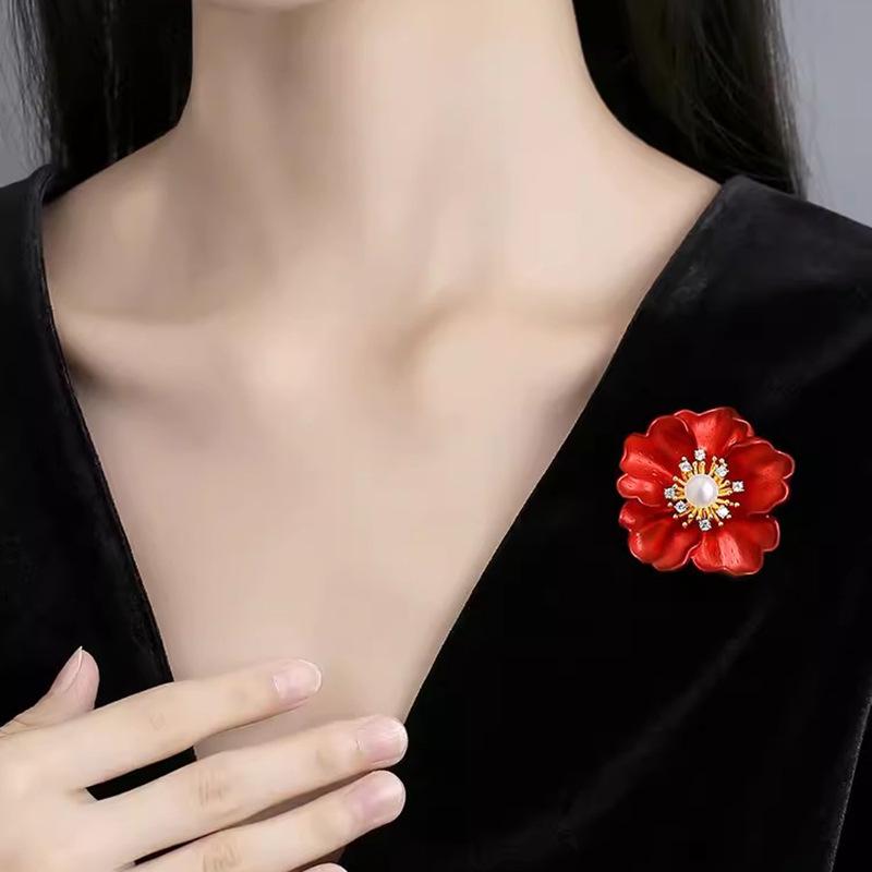 Elegant Chinese Red Peony Pearl Brooch for Women's Coats
