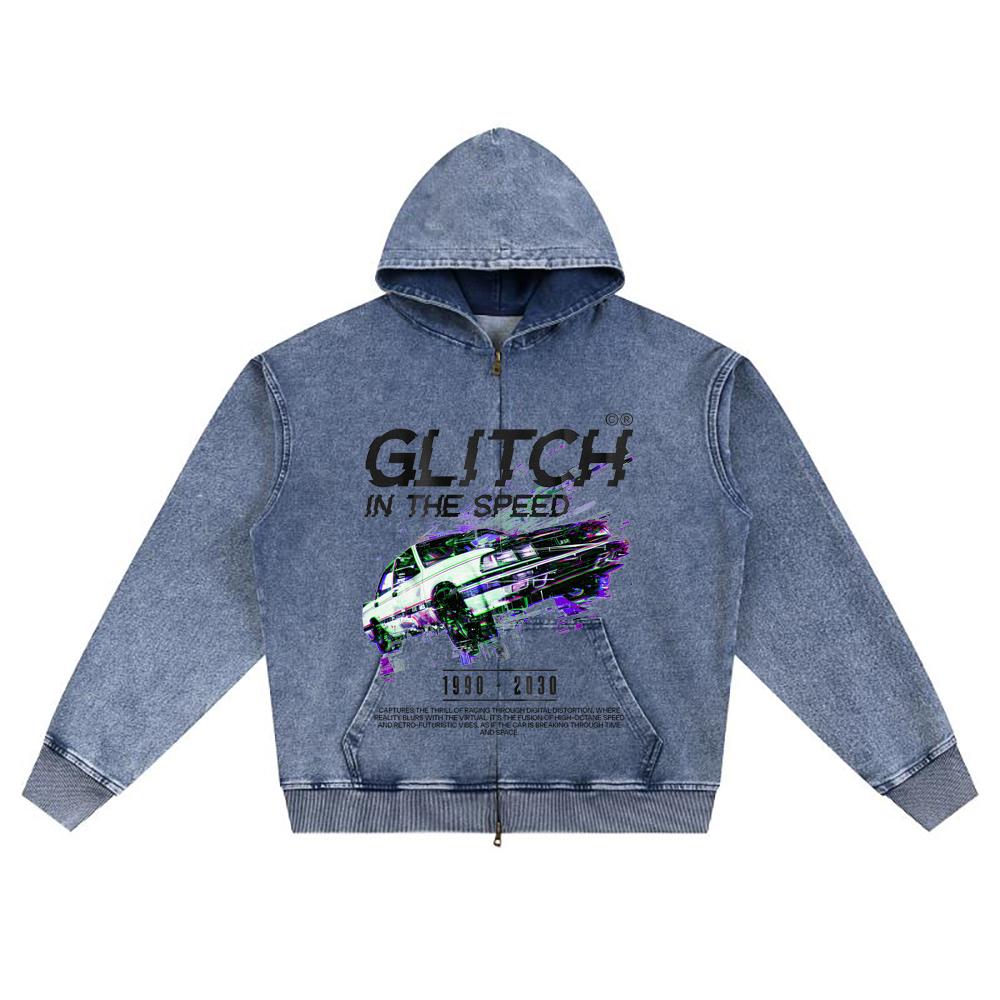 DTG Print Knitted Denim Zip-Up Hoodie Glitch In the Speed Brother Print Zipper Hoodies  