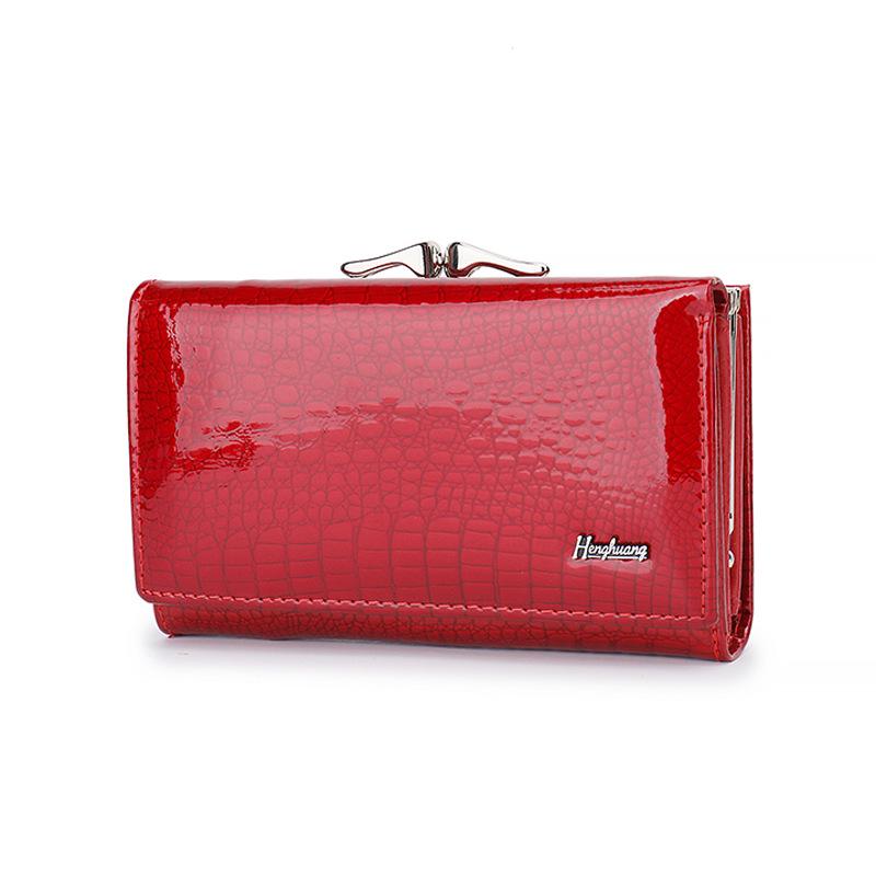 Women's Genuine Patent Leather Tri-fold Wallet, Solid Color, Compact and Multifunctional Card Holder