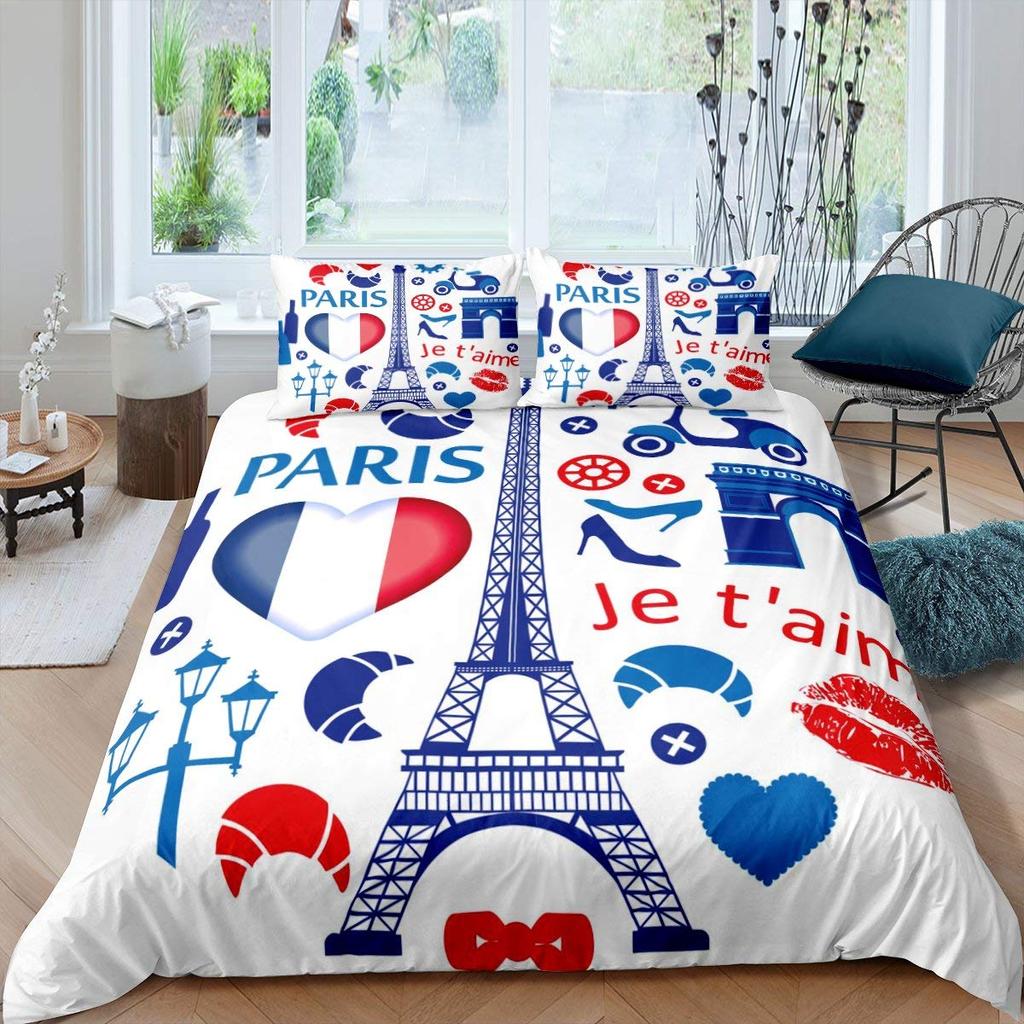 Eiffel Tower Duvet Cover Set King Size Love Heart Bedding Set Paris City Polyester Building Set For Girls France Urban Style