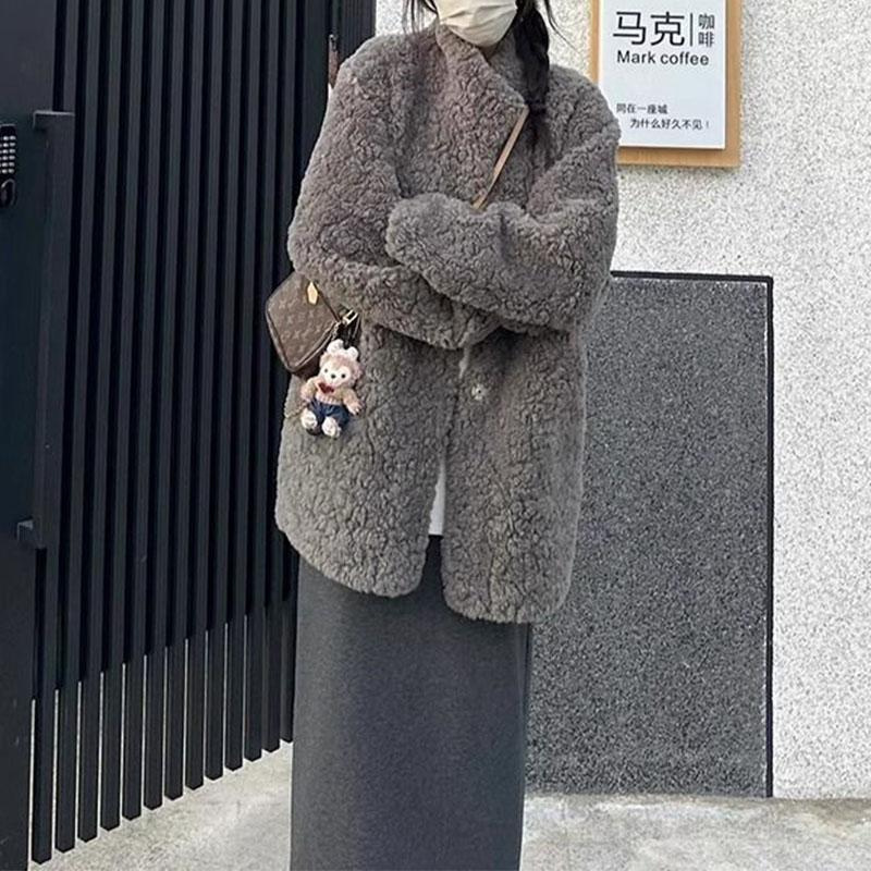 Autumn Winter Lazy Wind Midi Faux Fur Integrated Hair Solid Flip Collar Fashion Thermal Women Loose Comfortable Casual Coat 2024
