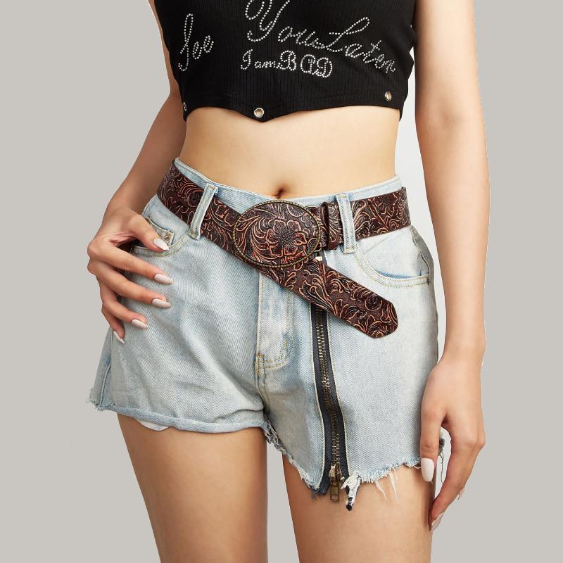 Fashion Retro Flower Pattern Oval Buckle Decoration Women Wide Belt For Daily