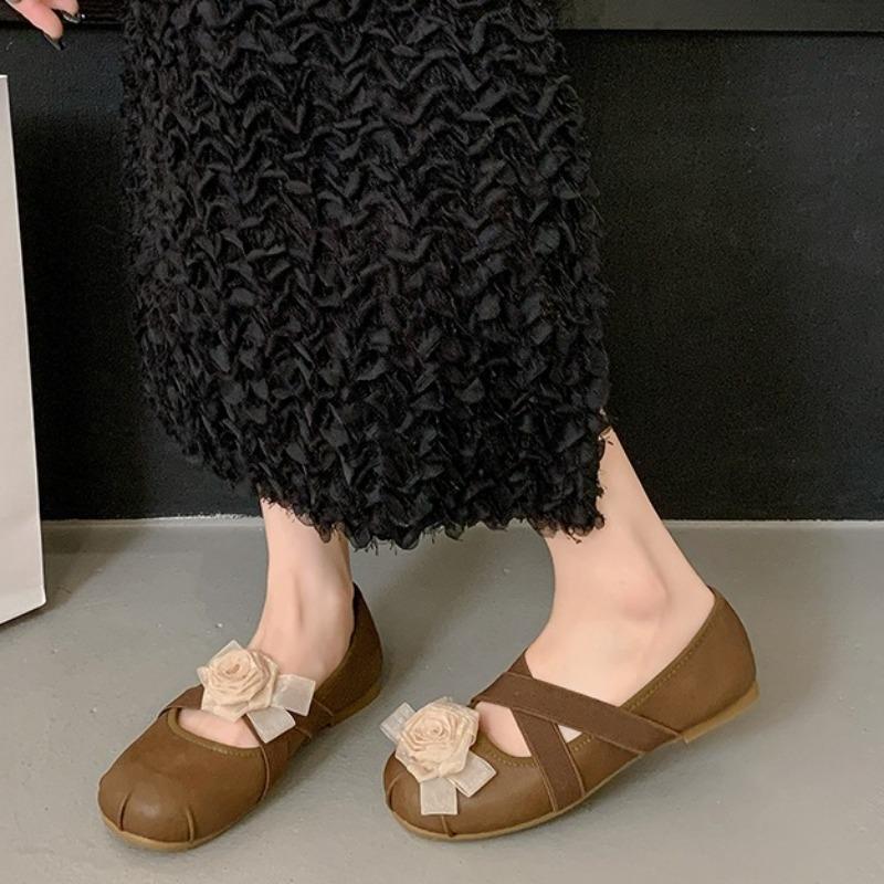 Vintage Flower Cross Lace-Up Single Shoes Summer Round Toe Shallow Mouth Non-Slip Wear-Resistant Flat Ballet Shoes for Women