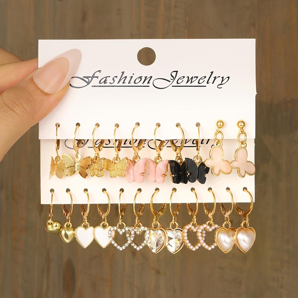 Fashion Acrylic Butterfly Pendant Earring Set Vintage Design Heart-shaped Pendant Hoop Earrings Women's Bohemian Summer Zircon