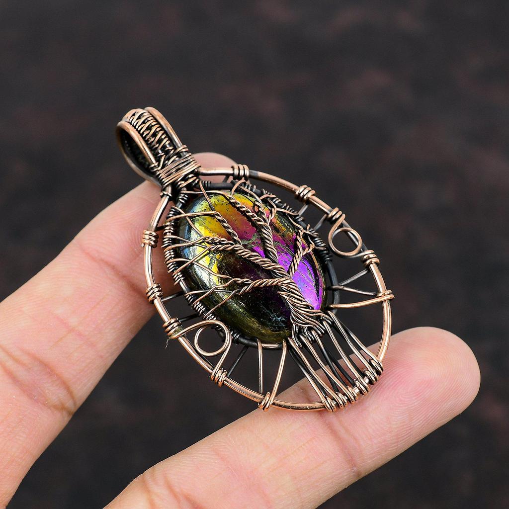 Tree Of Life Mystic Fire Labradorite Pendant Copper Wire Wrapped Pendant Handmade Copper Jewelry Gemstone Pendant Designer Jewelry For Gift