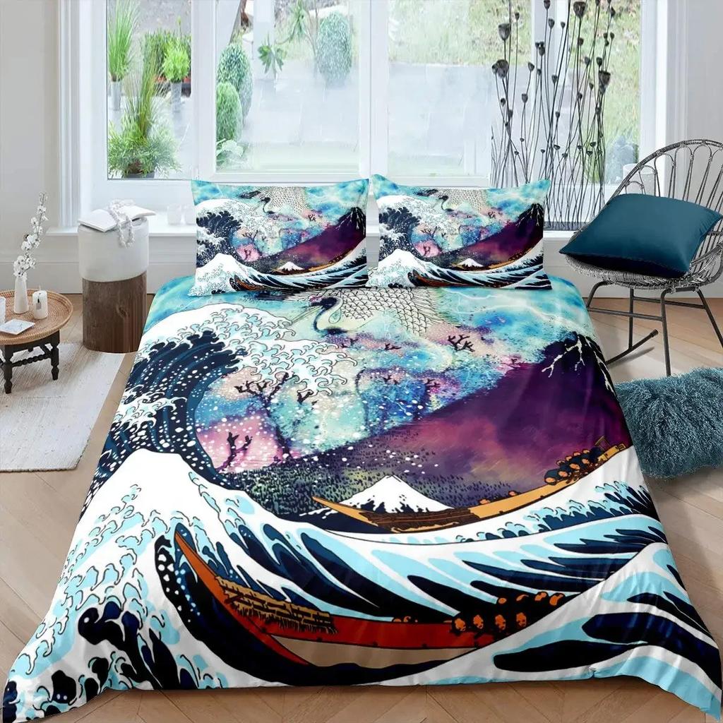 Comforter Japanese Wave King Queen Blue Sea Bedding Set Maple Leaf Moon Hokusai Ukiyo-E Polyester Comforter