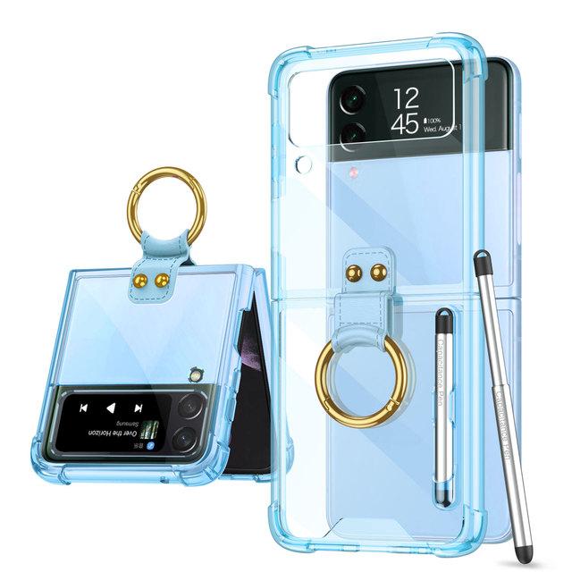 

Для Samsung Galaxy Z Flip 4 3 Zflip4 чехол с емкостной ручкой, прозрачный складной кольцевой кронштейн, противоударный защитный жесткий чехол For Galaxy Z Flip 3 синий
