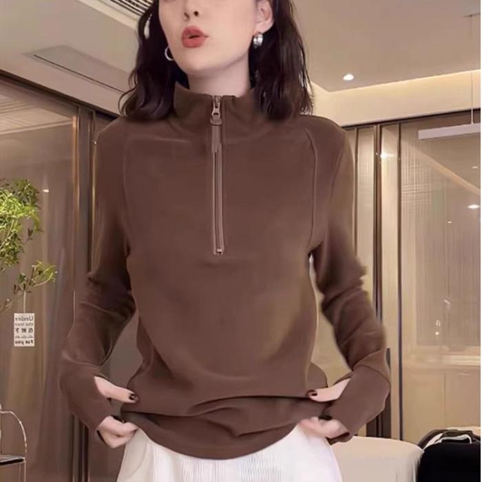

280G threaded German velvet, casual semi-zipper turtleneck T-shirt women s European station autumn and winter new European bottoming women s clothing 2XL темно-коричневого кольору
