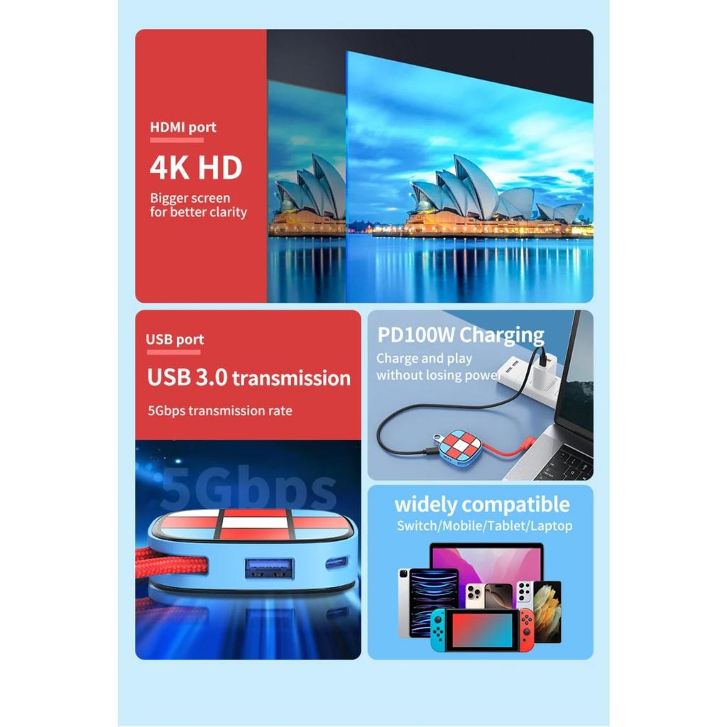 For Nintendo Switch 2 Portable 3-in-1 Docking Station Expansion Simple Type-C 4K TV Convenient HDTV & USB3.0 & PD for NS Switch2
