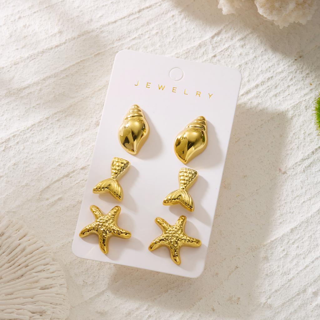 6pcs Gold Color Starfish Shell Stud Earrings Set for Women Ocean Series CCB Metal Textured Earring Boho Beach Party Jewelry