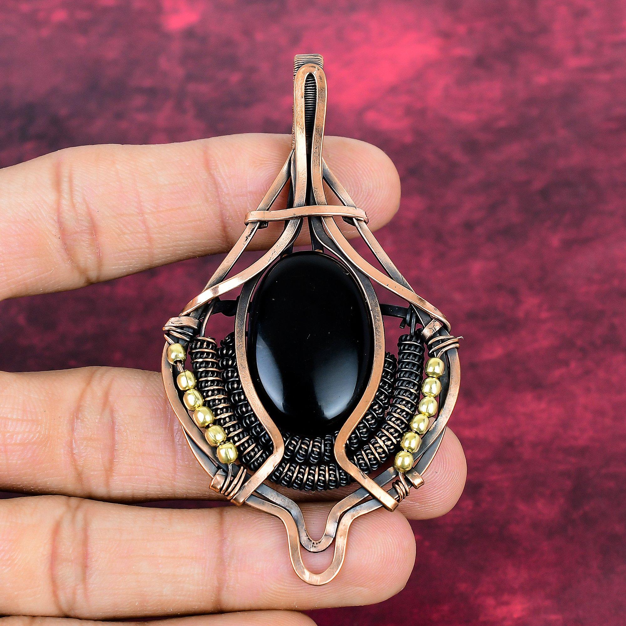 Black Onyx Pendant Gemstone Pendant Handmade Copper Wire Wrapped Unique Jewelry