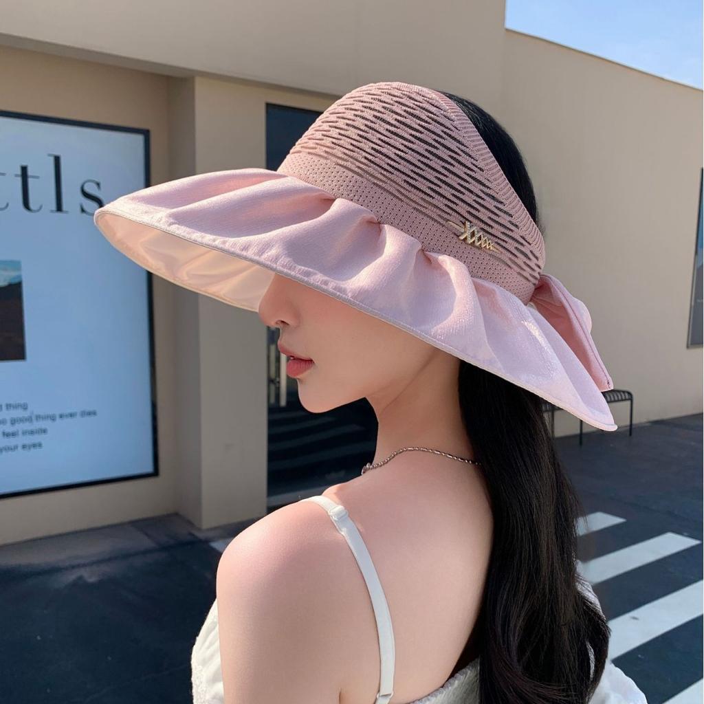 Summer Vinyl Anti-Ultraviolet Sunscreen Hat Women'S Versatile Big Brim Face Sunshade Foldable Open Ponytail Empty Top Hat