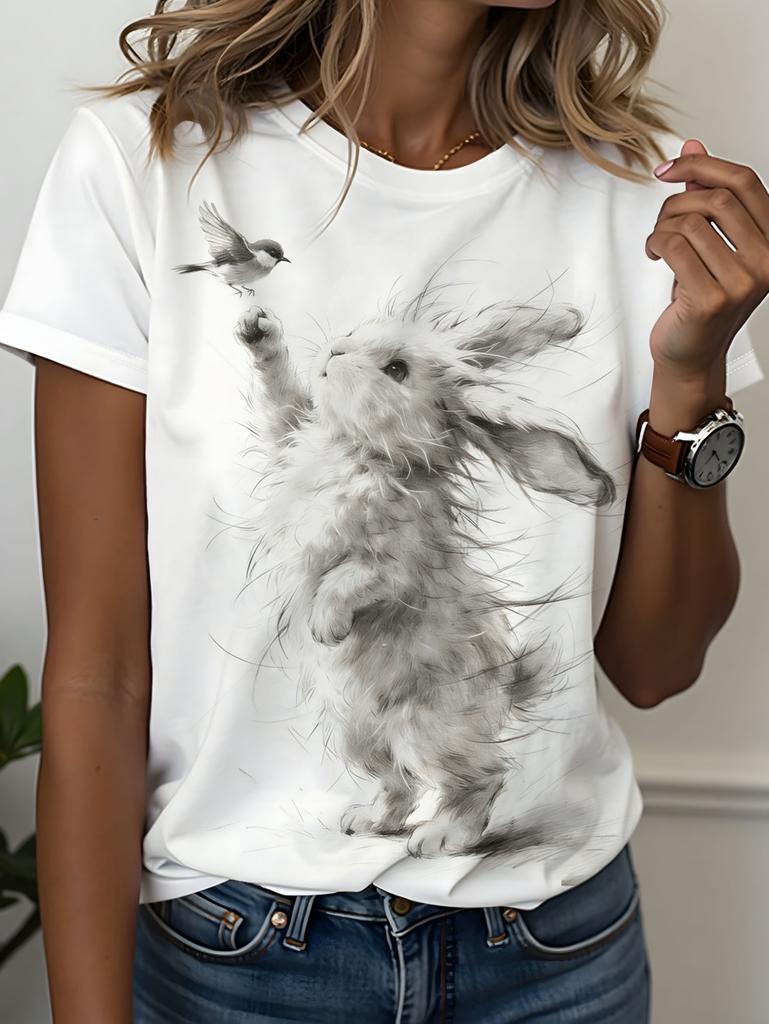 Summer Cartoon Cute Rabbit Printed Women's Short Sleeved T-Shirt Fashion Casual Oversize Tees Elegant Round Neck Woman Clothes
