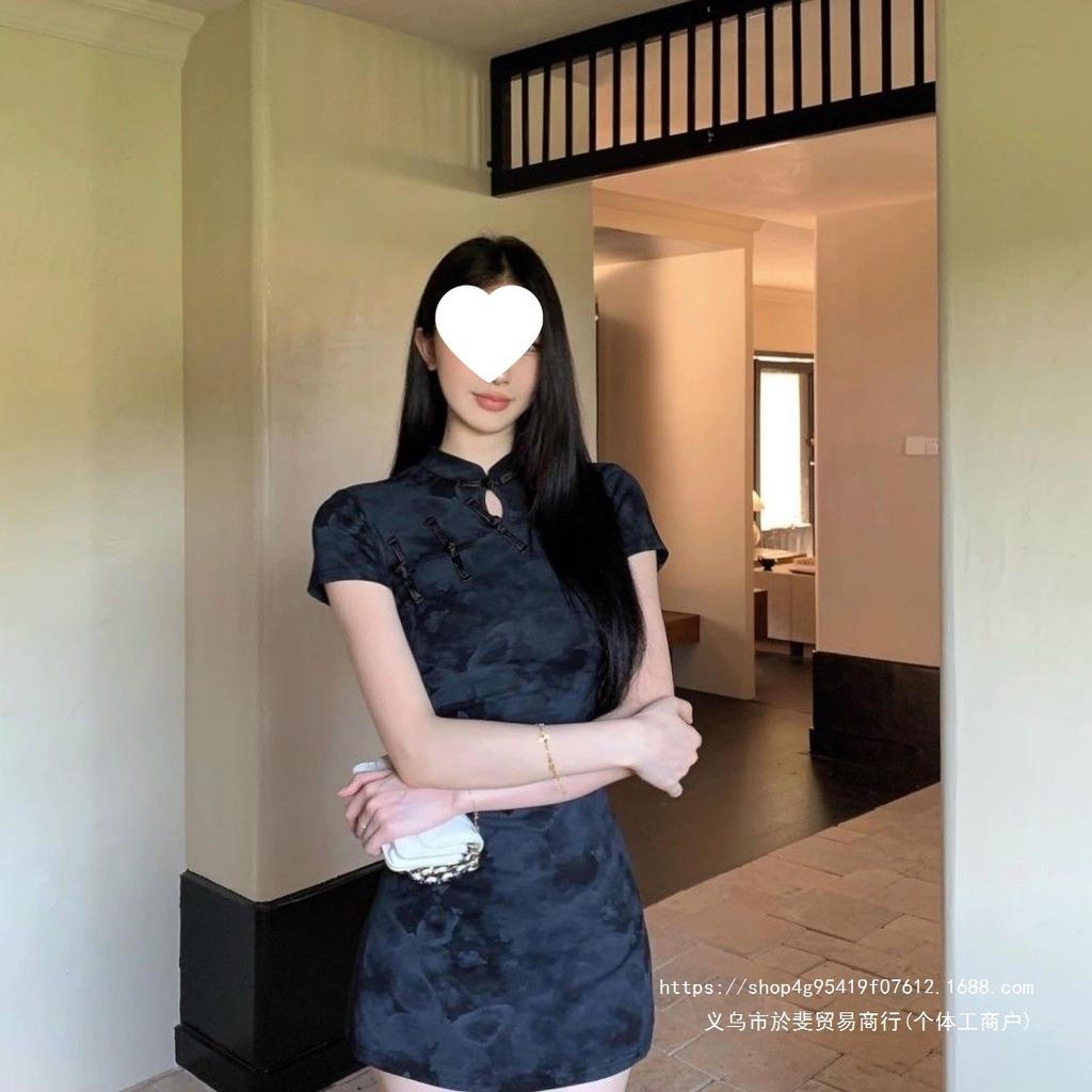 Skinny Chinese new retro button dress waist cheongsam women's printed summer temperament slim skirt