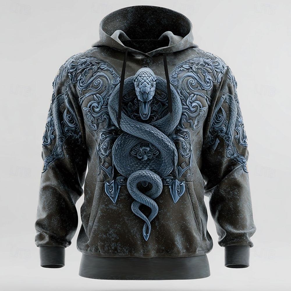 Men's 3D Snake Hoodie Sweatshirt Cool Party Crew Neck Club Streetwear Blue Green Drawstring Fall Winter Designer