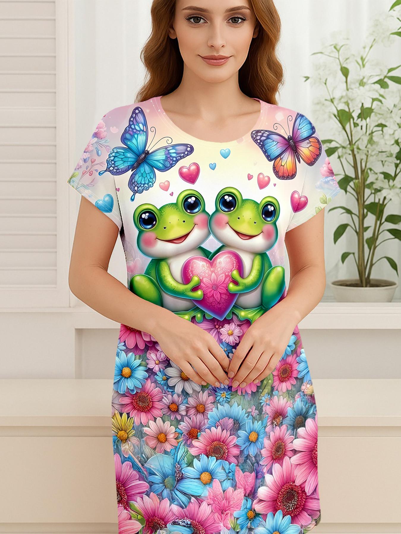 

Cute Frog Couple Embracing in Flowers Fashion Printed Nightgown Sleepwear Easy Round Neck Short Sleeve for Home Reading. Watching Dramas. And Afte 5XL дубильная кора