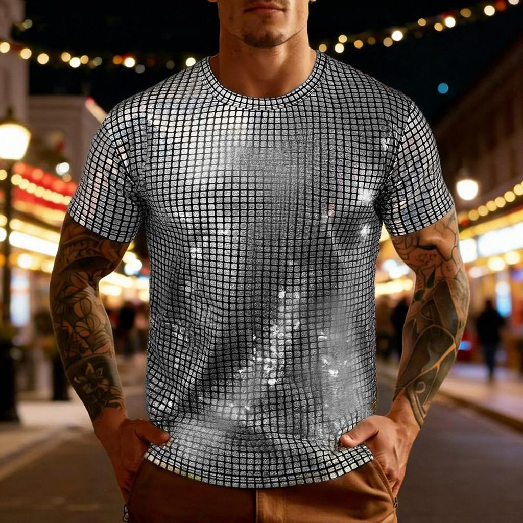 Mens Shiny Plaid Short Sleeve Crew Neck T Shirt Big Size S