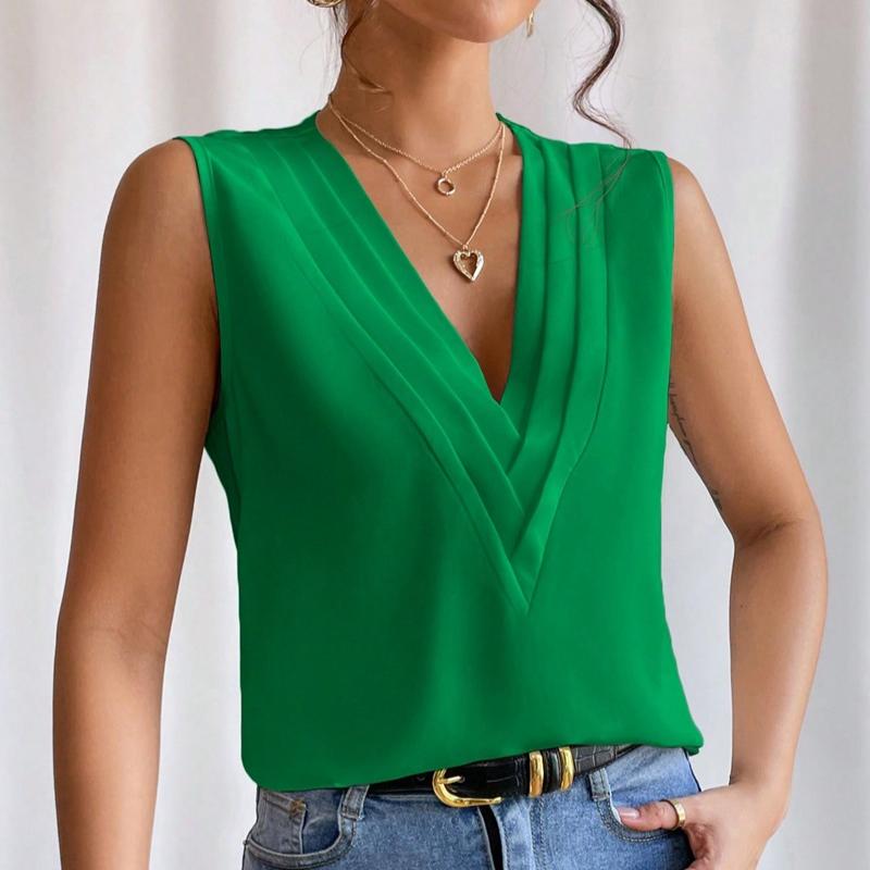 Summer New Pleated V-neck Solid Loose Shirt Women Sleeveless Elegant Casual Woman Blouse Vintage Fashion Office Lady Plus Size Blouses Tops 24716