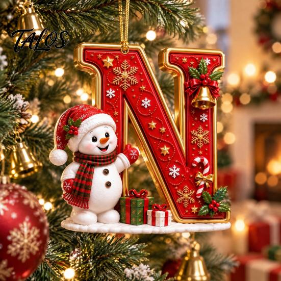 Indoor Holiday Decorations Cute Snowman Letter Christmas Ornament, 2D Flat Personalized A-Z Alphabet Gifts for Family Friends Acrylic Hanging Pendant