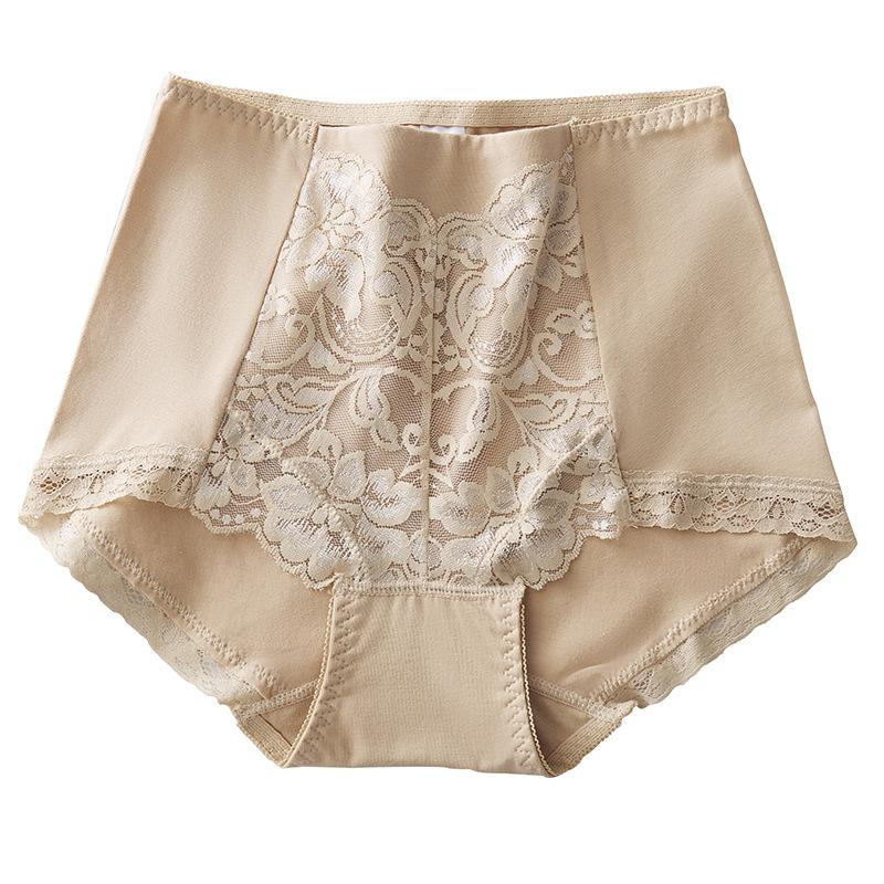 

Ladies High-waist Underwear in Plain Weave Plus Size with Lace Details Breathable Panties 2XL абрикосовый