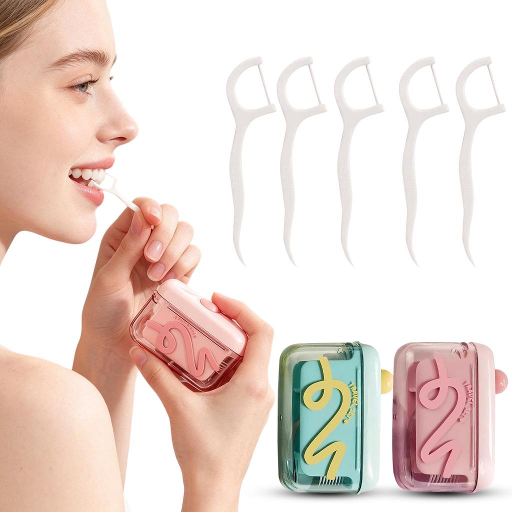 Portable Dental Floss Dispenser Box with Automatic Pop-up Function Includes 50 Disposable Floss Picks Compact Storage Case for Home and Travel Use