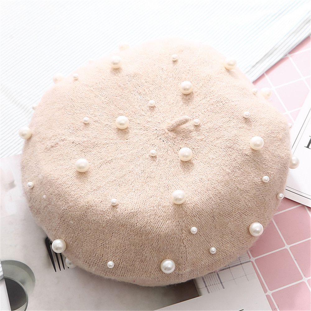 Women Girl Vintage Elegant Pearl French Artist Cap Warm Wool Painter Hat Beret Hat