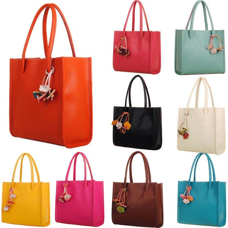 Trendy Candy Color Pu Leather Handbag For Women With Floral Shoulder Strap