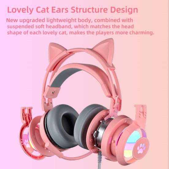 SY-G25 Wired Headphone RGB Lighting Omni-directional Mic Over-Ear Computer Headphone with Cute Cat Ear for E-sport