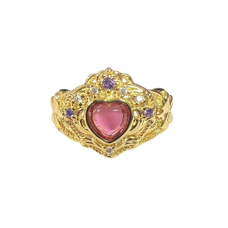 Medieval Jewelry Light Luxury Imitation Colored Treasure Open Ring Love Full Of Diamonds Zircon Retro Ring