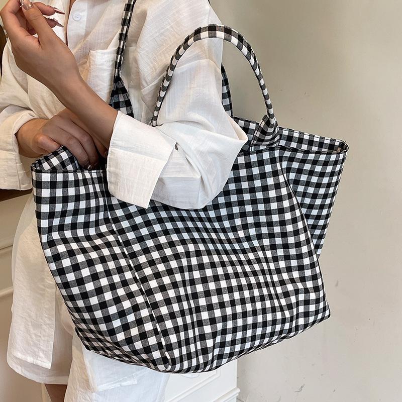 Original Simple Niche Large-capacity Canvas Bag Women's Summer 2025 New Versatile Plaid Handbag Student Tutoring Bag