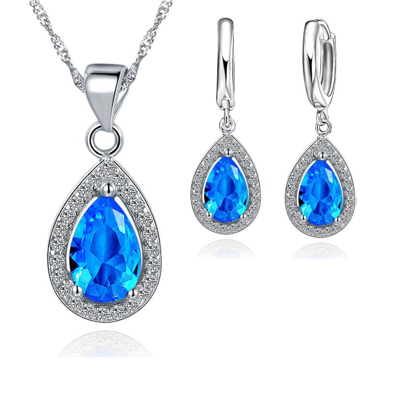 

Classic 925 Sterling Silver Color Women Waterdrop Crystal Pendant Necklaces Drop Earring Set Wedding Bridal Jewelry Sets синій