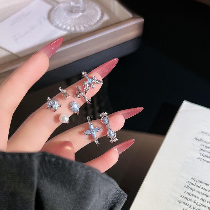 Moonlight Blue Simple Cross Bow Open Ring - Versatile Stackable Light Luxury for Women