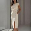 Spring Women's Clothing, European and American Solid Color French Dress, Elegant Button Split Hip Skirt