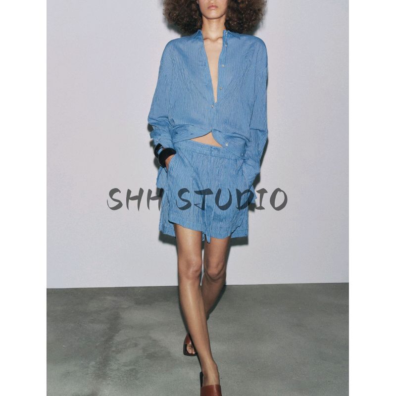 Cotton Blend Lapel Long sleeve Stripe Long Shirt 3796089 Stripe Mid Waist Casual Shorts 3766089