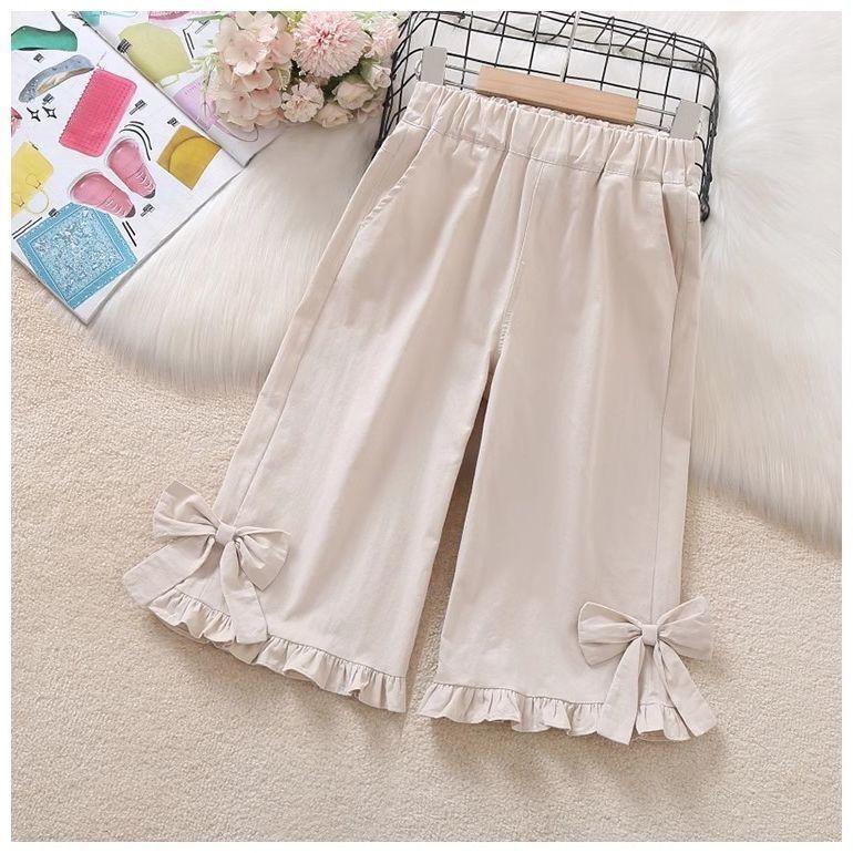Girls' Summer Bow Lace Cropped Pants New Loose Fit Baby Casual Straight Leg Pants