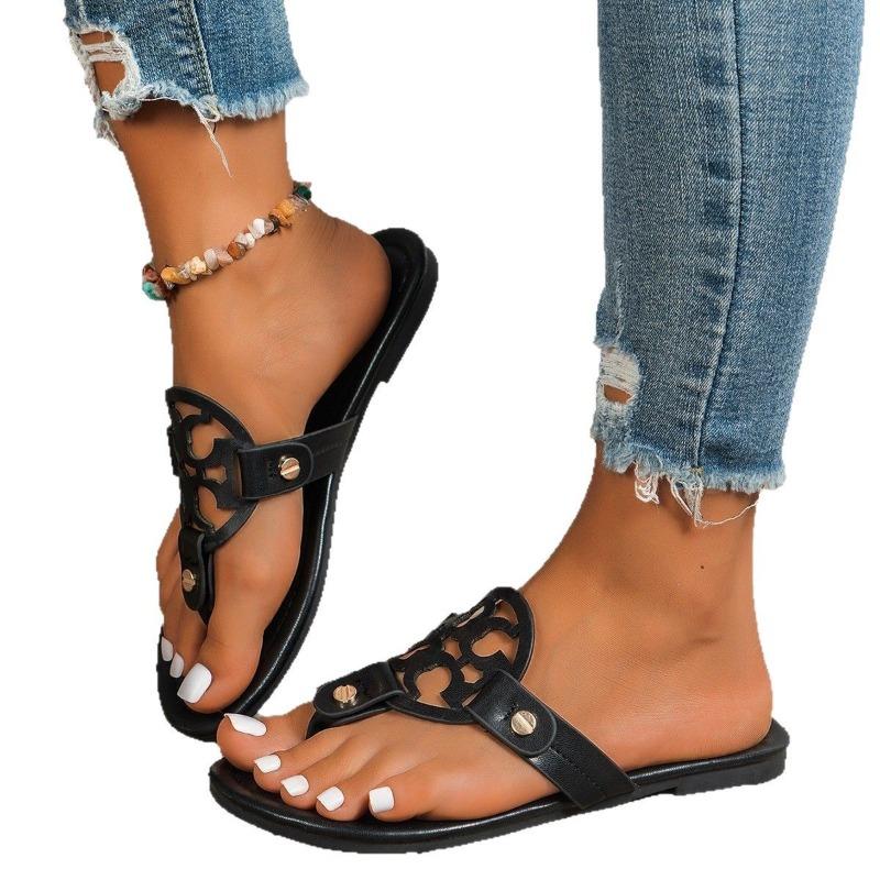 Women's Flat Toe-Post Sandals, Hollow-Out Slip-On Flip Flops, Non-Slip Summer Casual Shoes, Plus Size