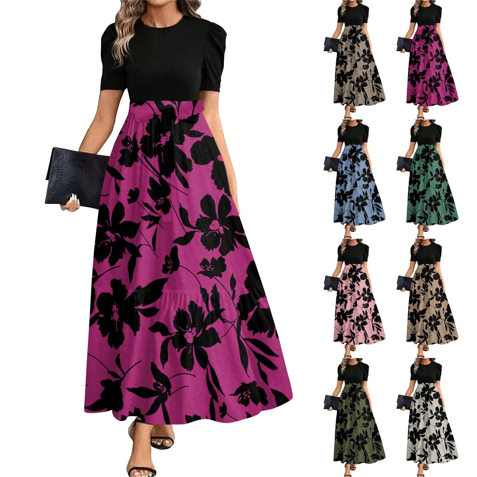 

Women s Fashionable Casual Belt Short Sleeved Round Neck Print Elegant Temperament Dress M