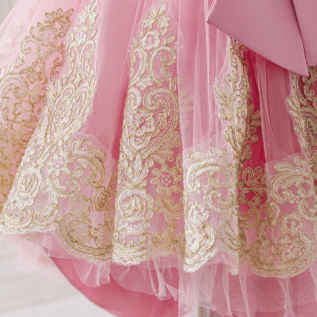 Girls' Elegant Lace Princess Evening Dress with Train for Special Occasions