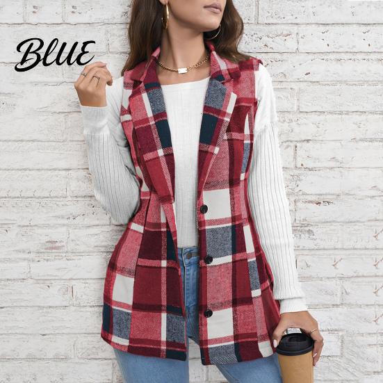 Single-breasted Coat Fall Spring Women Vest Plaid Printing Turn-down Collar Sleeveless Button Dark Tone Down Warm Mid Length Retro Waistcoat