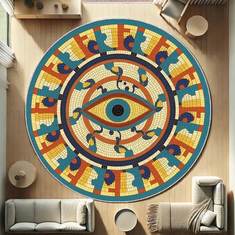 Egyptian Eye of Horus Round Rug, Ancient Hieroglyph Circle Carpet for Mystical Decor, Spiritual History Mat with Non-Slip Design Diameter 100cm