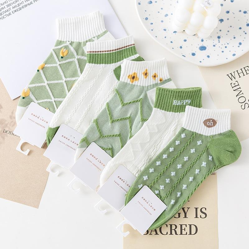 5 пар хлопковых женских дышащих полосатых носков-лодочек с милым узором, простые ветронепроницаемые носки
