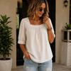 Women's Square Neck Sleeve Blouse Loose Fit Pleated Cotton Linen Casual Top for Summer