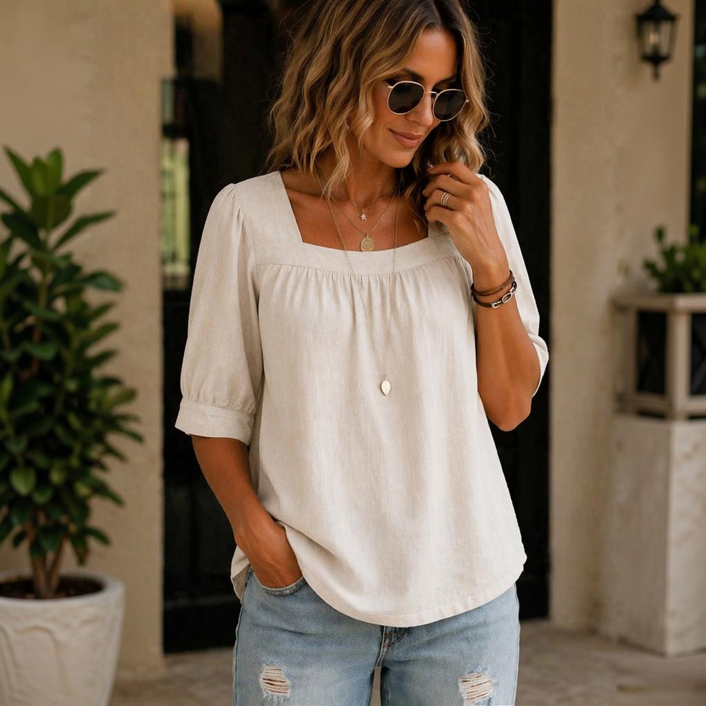 Women's Square Neck Sleeve Blouse Loose Fit Pleated Cotton Linen Casual Top for Summer