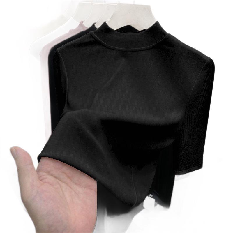 Chic High-Neck Slimming Mid-Sleeve Top (1/2 Piece) - Fashionable Natural Shoulders, Ideal for Spring/Autumn Layering, Body-Conscious Women's T-Shirt