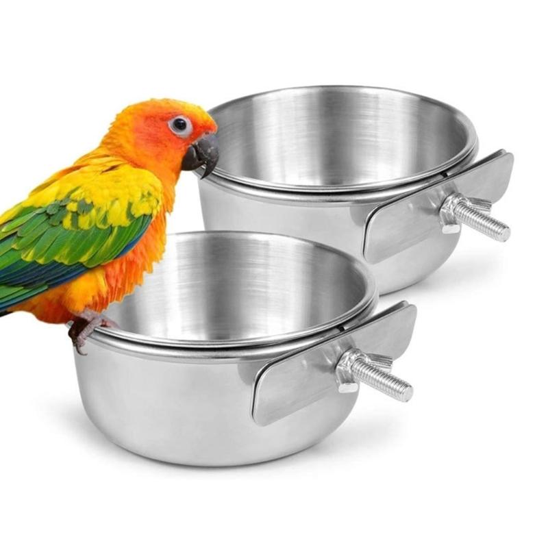 Stainless Steel Parrot Feeding Cups Bird Feeder Bowls Removable Food Water Dish with Clamp Easy to Install for Cage