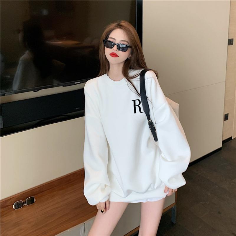 Women Loose Bf Style Retro Korean Casual Long Sleeve Hoodless Pullover Sweatshirt