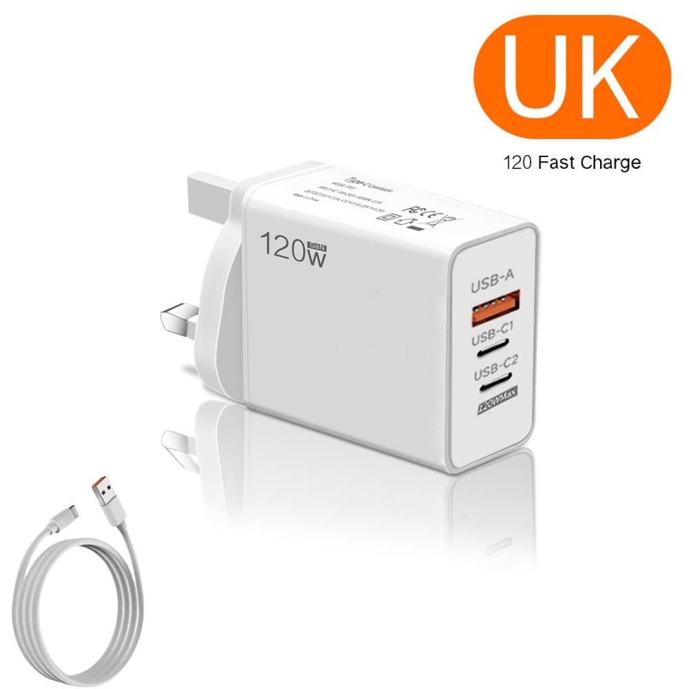 120W GaN USB Charger 3 Ports Fast Charging Phone Charger 6A Type C Cable For Mate 40 50 60 Honor EU/US Plug Wall Charger