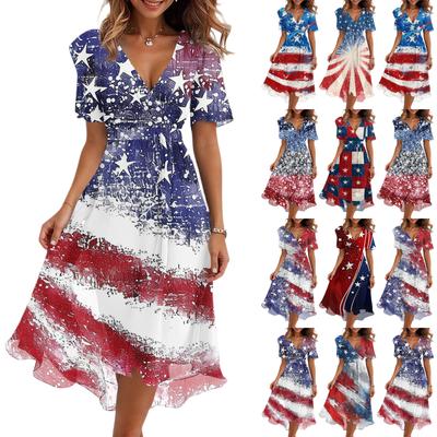 Damen Lässiges V-Ausschnitt Kurzarm Unabhängigkeitstag Print Kleid