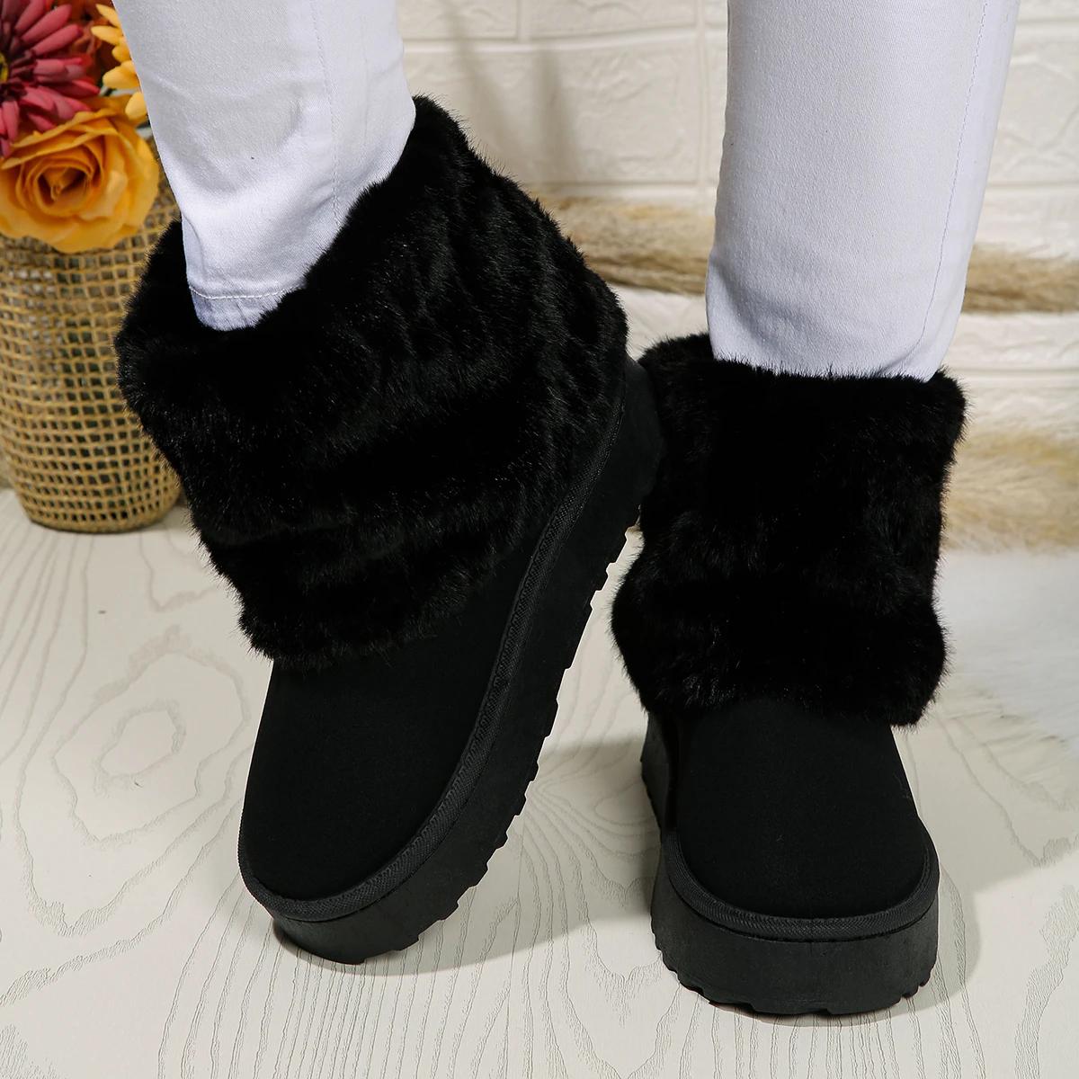 

Обувь для женщин зимние женские сапоги черные с круглым носком из цельного флоксового плюша теплые на среднем каблуке водонепроницаемые повседневные зимние сапоги для женщин 44 чёрный