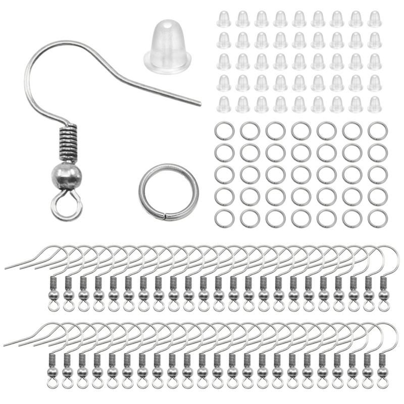 Hypoallergenic Earring Hooks,300Pcs Earring Making Kit for w/ Jump Ring and Clear Rubber Earring Back for DIY Jewelry Ma